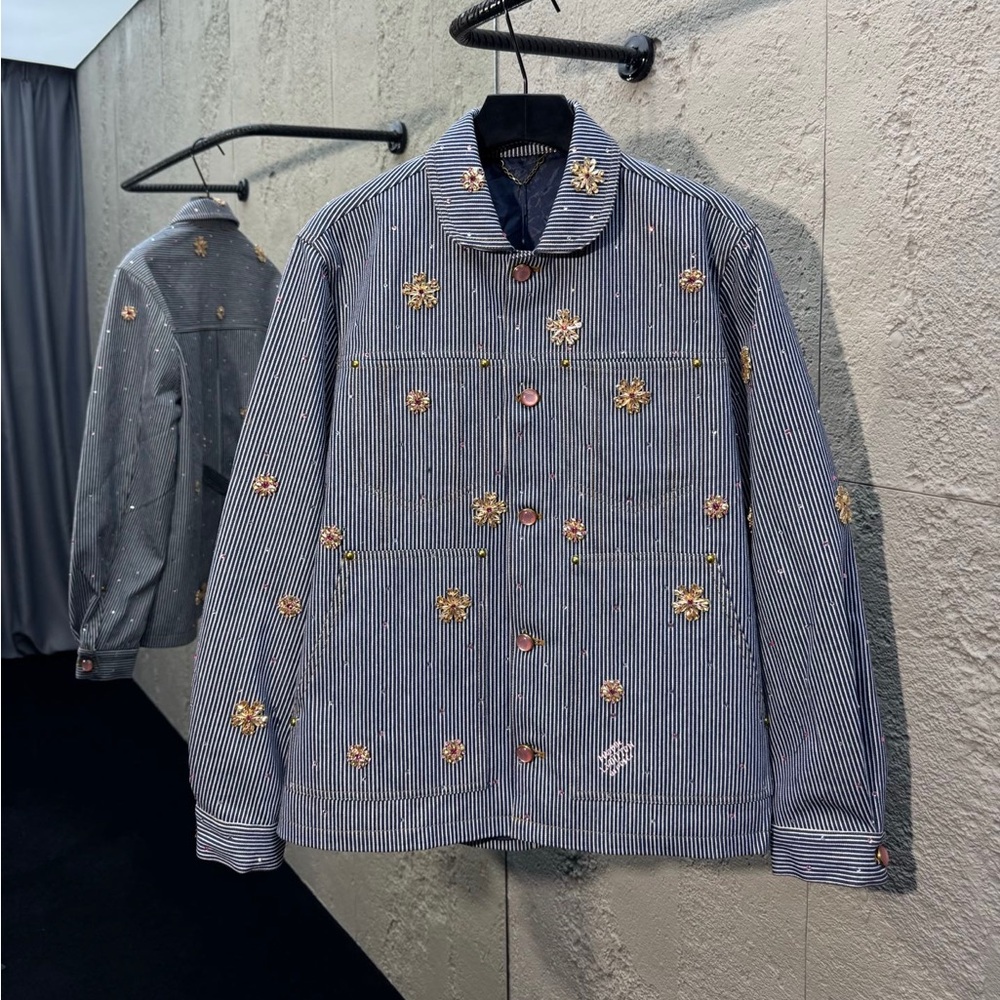 Louis Vuitton Blue Pinstripe Embellished Puffer Jacket